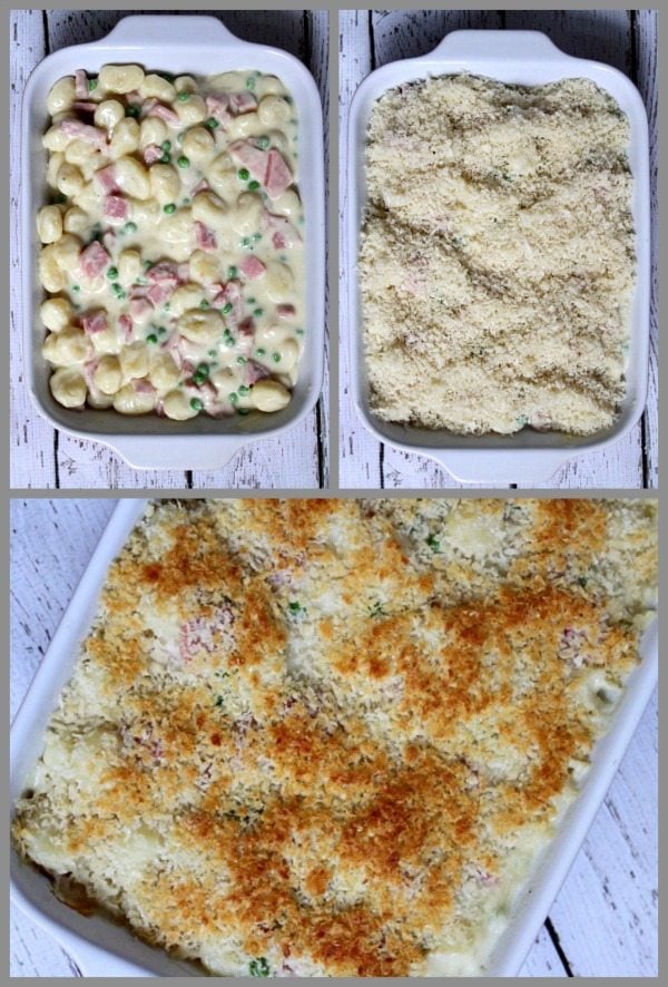 three photos showing Ham and Swiss Baked Gnocchi prep and baked dish