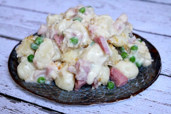 Ham and Swiss Baked Gnocchi on a serving plate