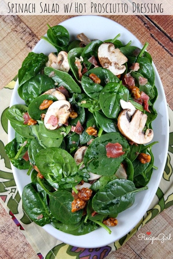 Spinach Salad with Hot Prosciutto Dressing #recipe - RecipeGirl.com