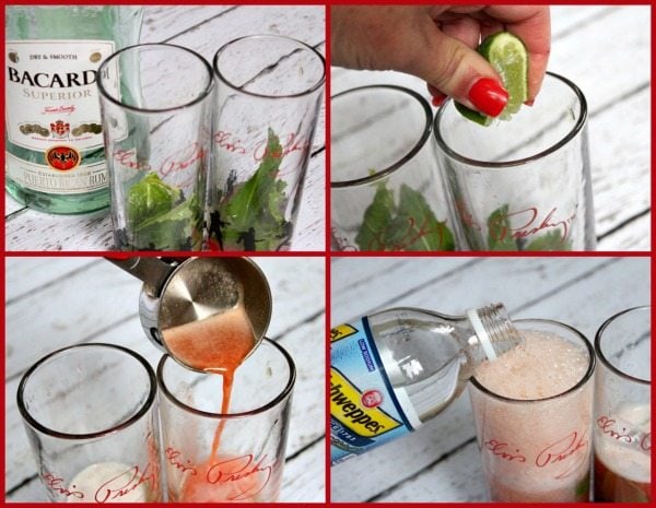 Four photos showing how to make cherry mojitos- glasses with mint and bottle of bacardi, lime being squeezed in, cherry syrup being poured in the glasses and then club soda being poured in the glasses