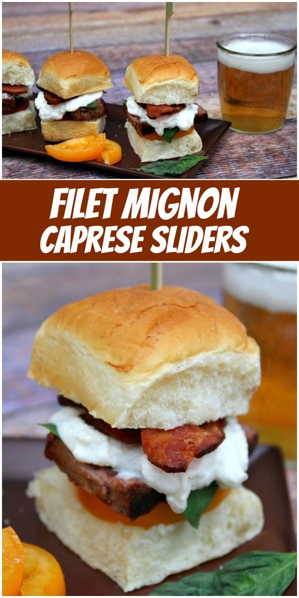 Filet Mignon Caprese Sliders recipe from RecipeGirl.com #filet #mignon #caprese #slider #sliders #grilled #grilling #recipe #RecipeGirl #kingshawaiian pinterest collage image for filet mignon caprese sliders
