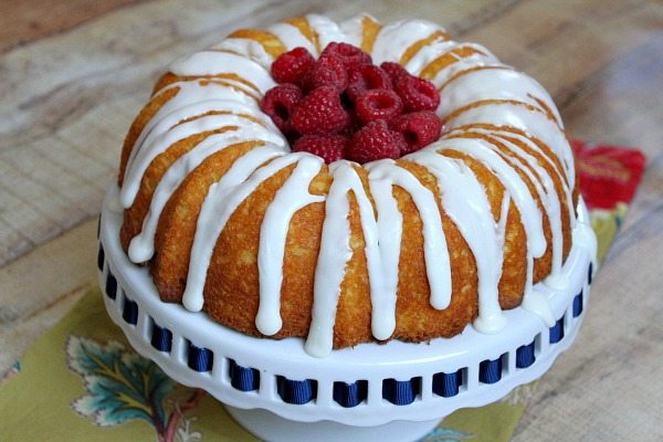 Raspberry Lemonade Bundt Cake on a cake platter