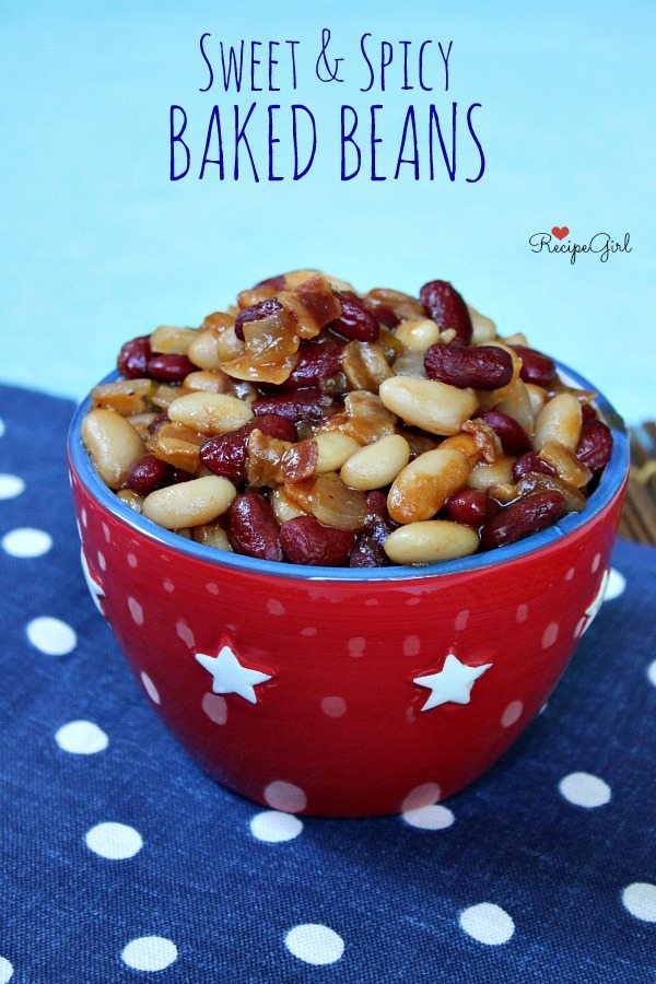 sweet and spicy baked beans with a red, white and blue background
