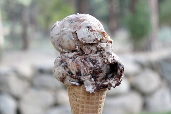 toasted marshmallow brownie malt ice cream scoop on a sugar cone with backyard in the background