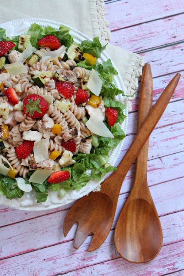 Grilled Chicken and Vegetable Strawberry- Caesar Pasta Salad #recipe - RecipeGirl.com