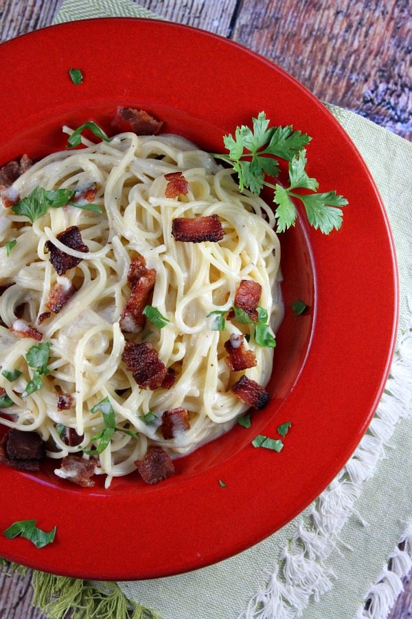 Skillet Pasta Carbonara recipe from RecipeGirl.com Skillet Carbonara in red bowl