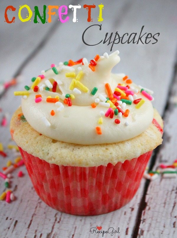 Confetti Cupcakes #recipe - from RecipeGirl.com