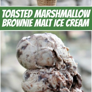 Pinterest collage image for toasted marshmallow brownie malt ice cream