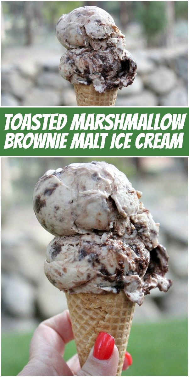 Pinterest collage image for toasted marshmallow brownie malt ice cream