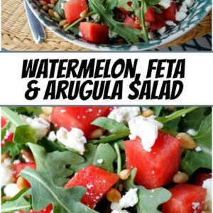 pinterest collage image for watermelon, feta and arugula salad