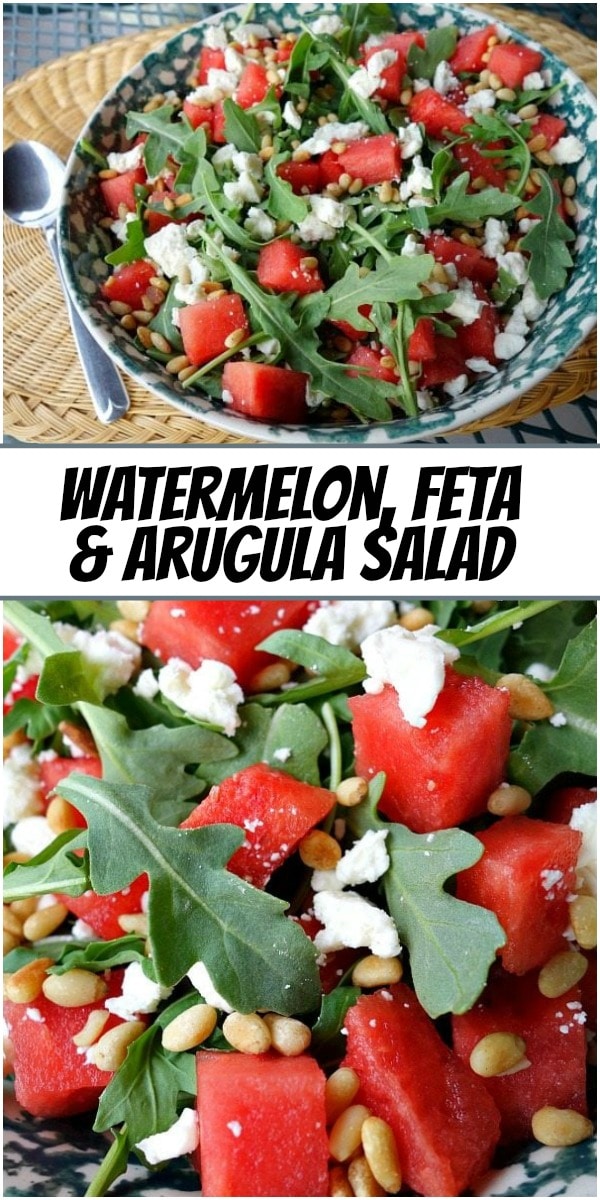 pinterest collage image for watermelon, feta and arugula salad