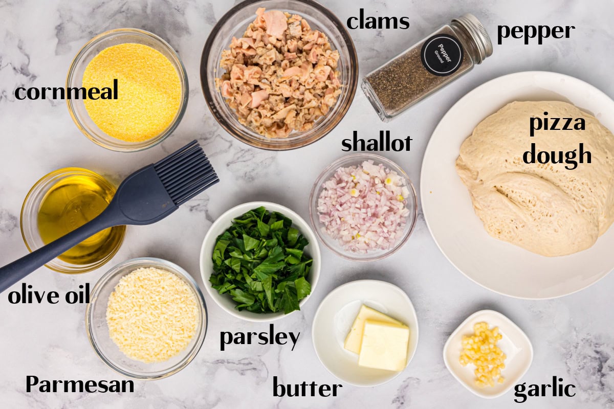 ingredients displayed for making white clam pizza