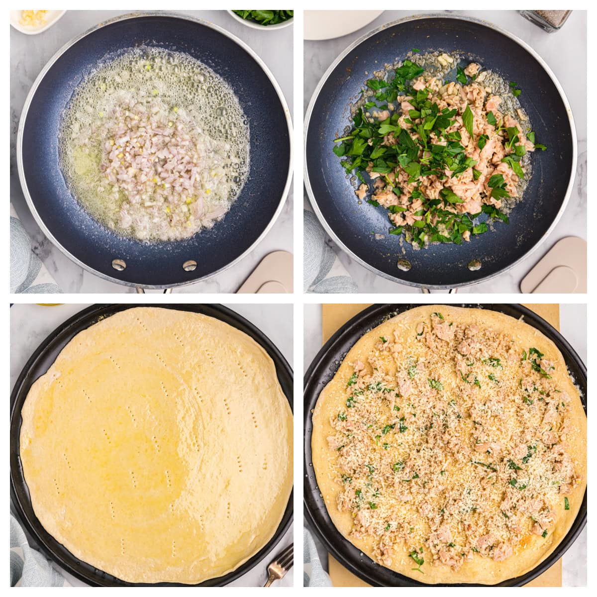 four photos showing how to make white clam pizza