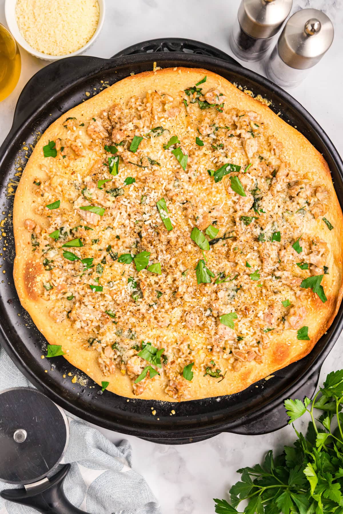 white clam pizza just out of the oven