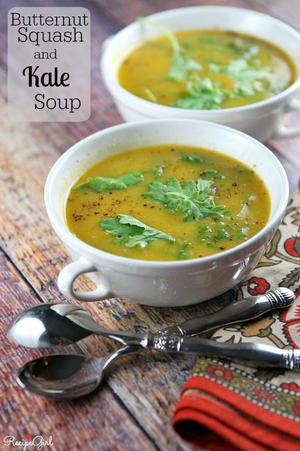 Butternut Squash and Kale Soup recipe from RecipeGirl.com Butternut Squash and Kale Soup pinterest pin