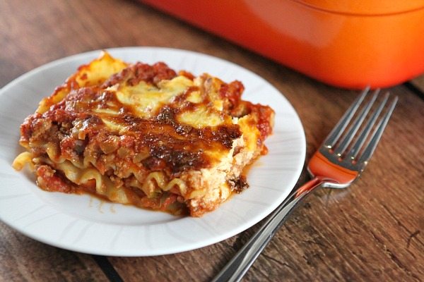 Classic Light Lasagna recipe from RecipeGirl.com Classic Light Lasagna slice on plate