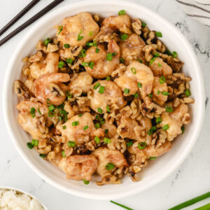 overhead shot of honey walnut shrimp in bowl