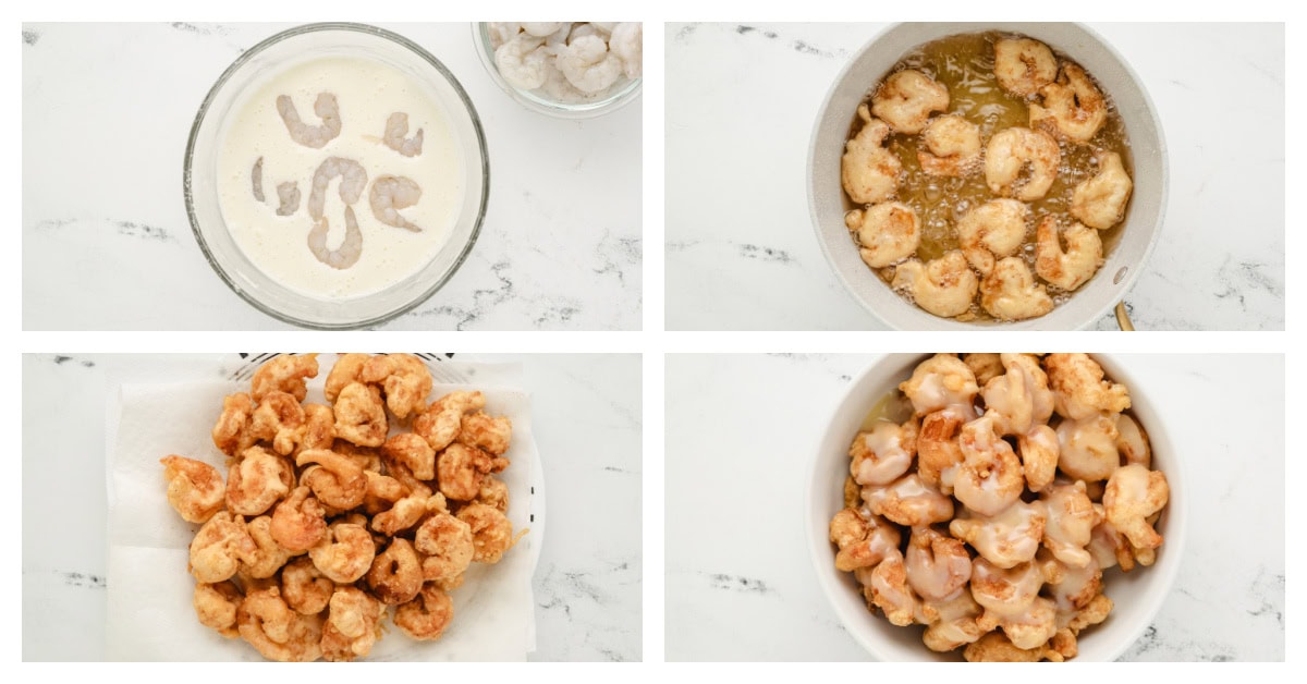Honey Walnut Shrimp recipe from RecipeGirl.com : This easy to make Asian meal is crispy shrimp in a sweet, creamy sauce with candied walnuts. It's a popular Chinese takeout recipe. four photos showing how to make honey walnut shrimp