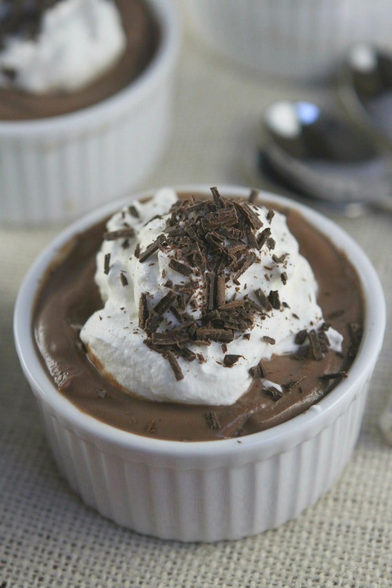 Chocolate Pudding with whipped cream and chocolate shavings