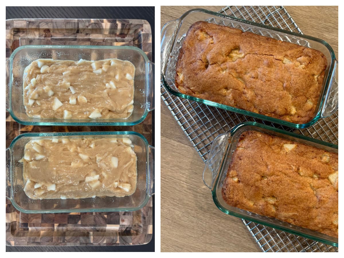two loaves of pear bread before and after baking