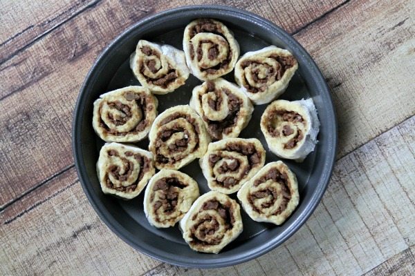 Eggnog Cinnamon Rolls in pan ready for oven