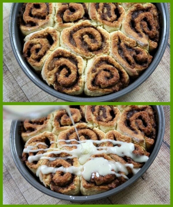 Eggnog Cinnamon Rolls just out of oven and adding glaze