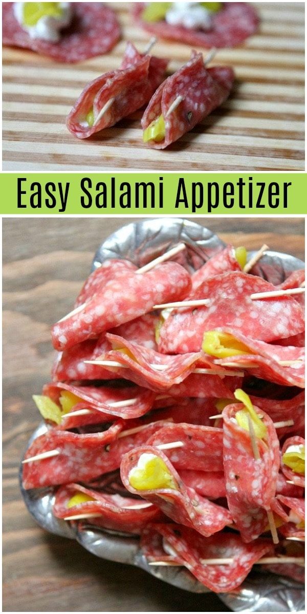 Easy Salami Appetizer close up and on a platter