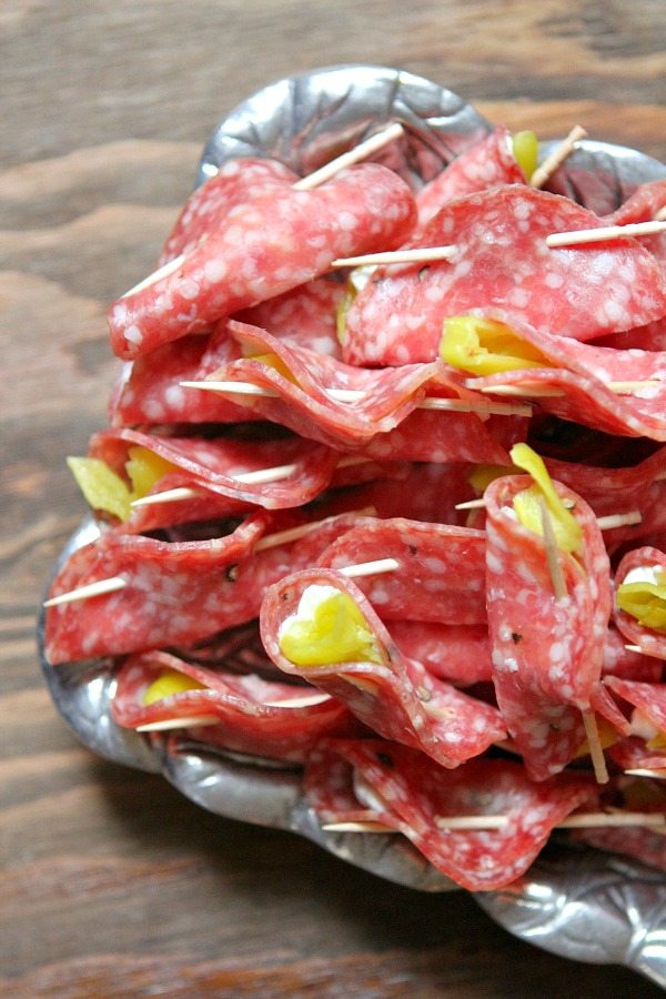 Easy Salami Appetizers on a silver platter