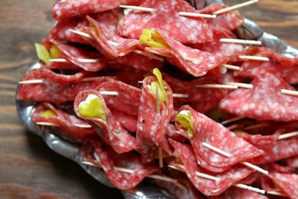 Easy Salami Appetizers on a metal plate