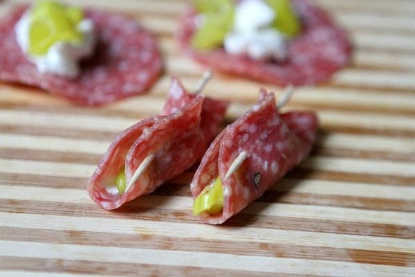 Easy Salami Appetizer on a wooden cutting board