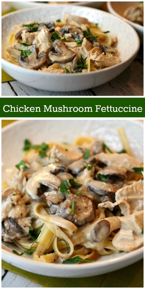 Chicken Mushroom Fettuccine recipe from RecipeGirl.com #chicken #mushroom #fettuccine #pasta #cream #sauce #recipe #RecipeGirl Chicken Mushroom Fettuccine pinterest pin