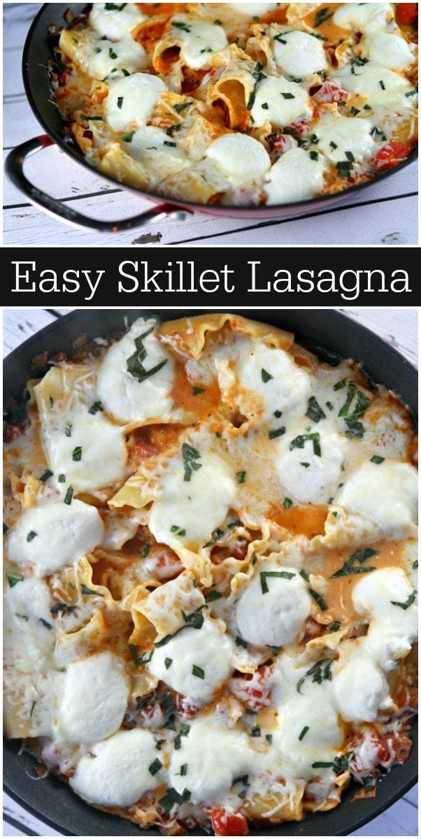 Easy Skillet Lasagna recipe from RecipeGirl.com #easy #skillet #lasagna #recipe #RecipeGirl Easy Skillet Lasagna pinterest pin