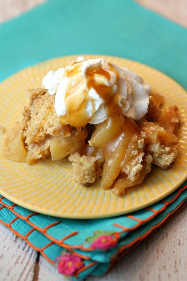 Irish Apple Crisp serving on yellow plate