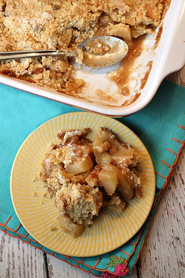 Irish Apple Crisp in dish and serving on plate