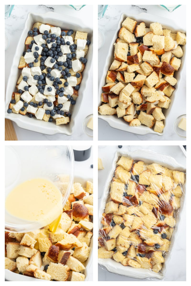 four photos showing how to make blueberry french toast casserole