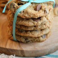 oatmeal chocolate chip cookies stacked with ribbon around them