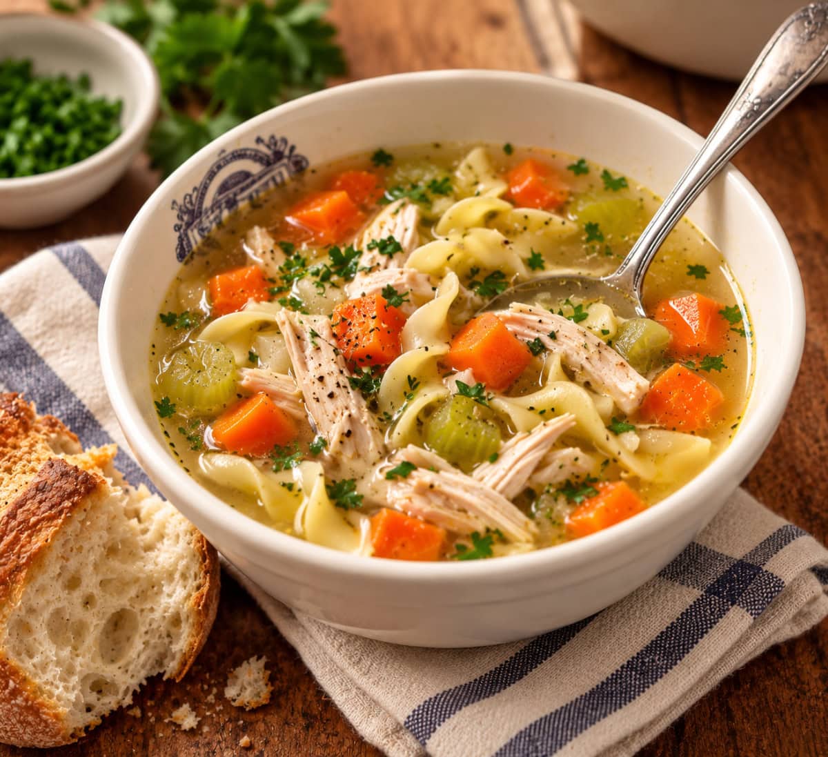 Save this Classic Chicken Soup recipe for chilly days! A whole chicken is slowly simmered in flavorful broth with carrots, celery, onion, parsnip and fresh herbs. Keep it simple or add noodles to turn it into homemade chicken noodle soup. classic chicken soup in bowl with spoon