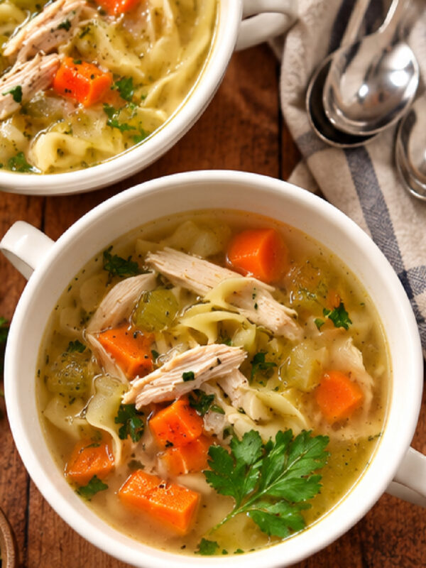 overhead shot classic chicken soup in bowls