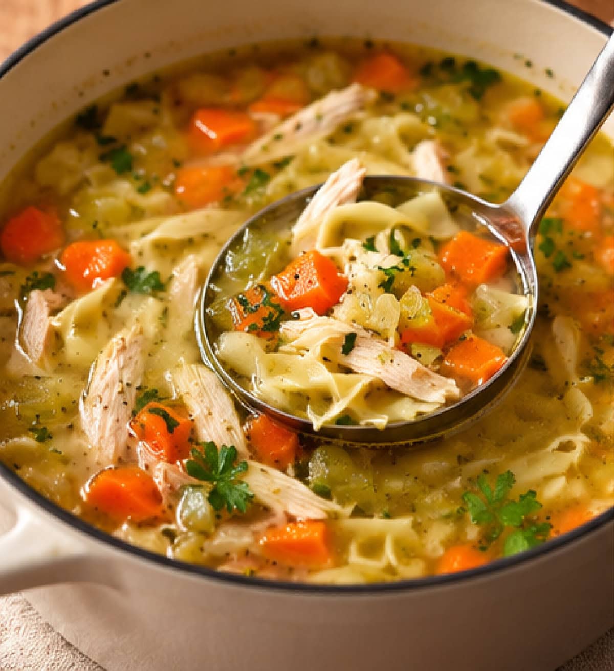 Save this Classic Chicken Soup recipe for chilly days! A whole chicken is slowly simmered in flavorful broth with carrots, celery, onion, parsnip and fresh herbs. Keep it simple or add noodles to turn it into homemade chicken noodle soup. classic chicken soup in pot with ladle