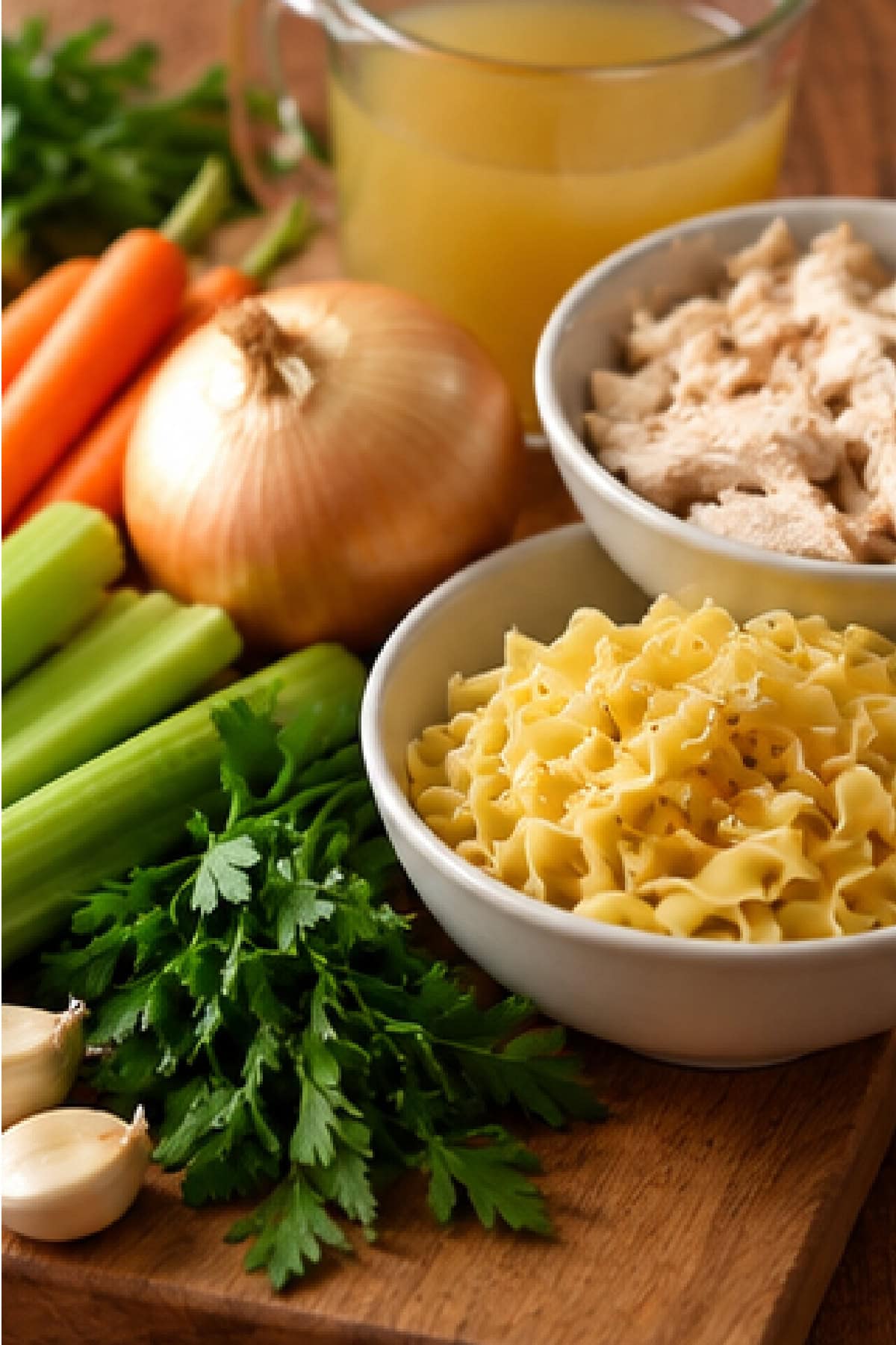 Save this Classic Chicken Soup recipe for chilly days! A whole chicken is slowly simmered in flavorful broth with carrots, celery, onion, parsnip and fresh herbs. Keep it simple or add noodles to turn it into homemade chicken noodle soup. ingredients displayed for making classic chicken soup