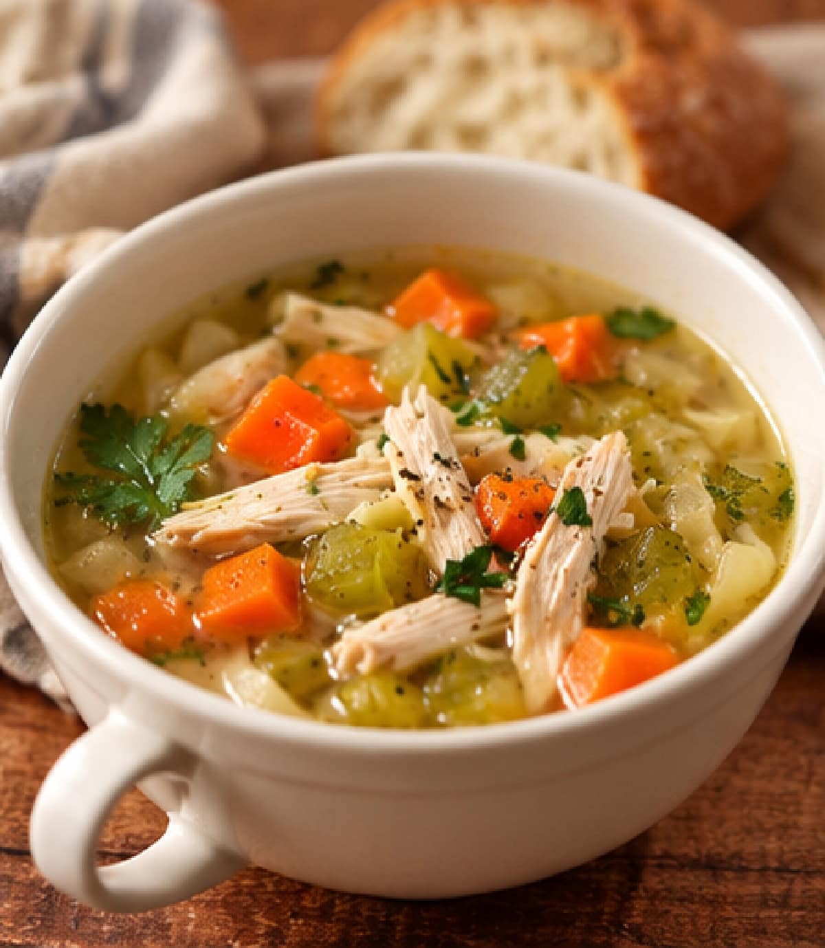 Save this Classic Chicken Soup recipe for chilly days! A whole chicken is slowly simmered in flavorful broth with carrots, celery, onion, parsnip and fresh herbs. Keep it simple or add noodles to turn it into homemade chicken noodle soup. classic chicken soup serving in bowl
