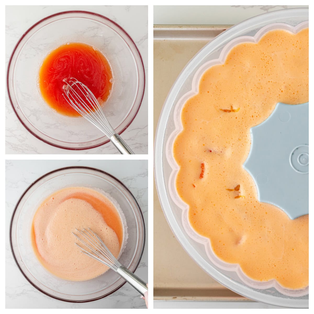 Cool, creamy, and perfectly nostalgic — this Orange Sherbet Jello Salad is made with orange Jell-O, sherbet, and mandarin oranges. The perfect citrusy dessert for holidays, brunches, and family gatherings! three photos showing how to make orange sherbet jello salad