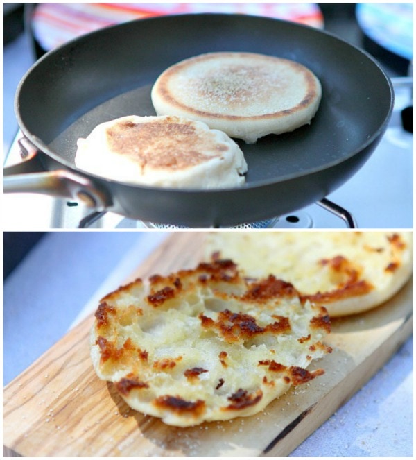 English muffins toasting in a skillet and then an after-photo of the toasted muffins