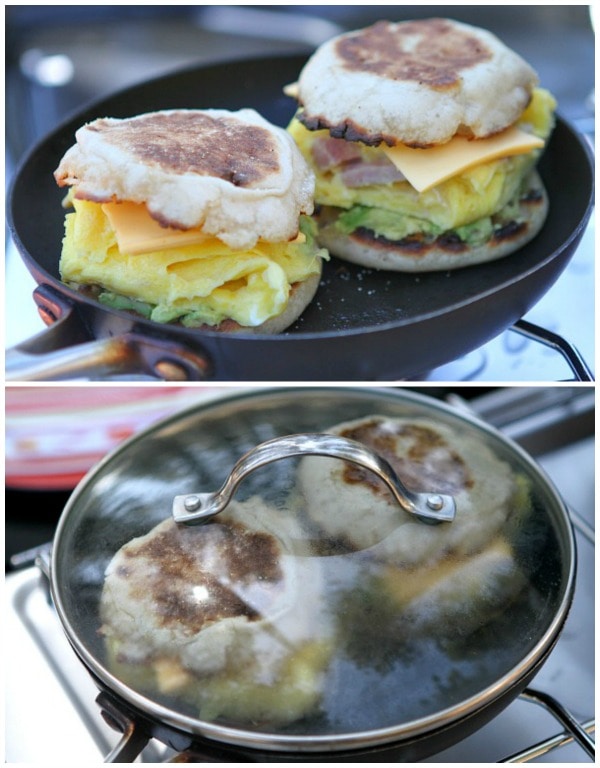 Two Camping Breakfast Sandwiches in a skillet and then a 2nd photo of the lid on top of the skillet