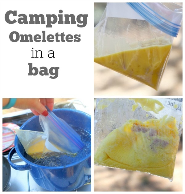 Photos showing how to make Camping Omelettes in a Bag: eggs and ham in a zip baggie, then putting the zip baggie into a boiling blue pot of water and then the cooked omelette in a bag