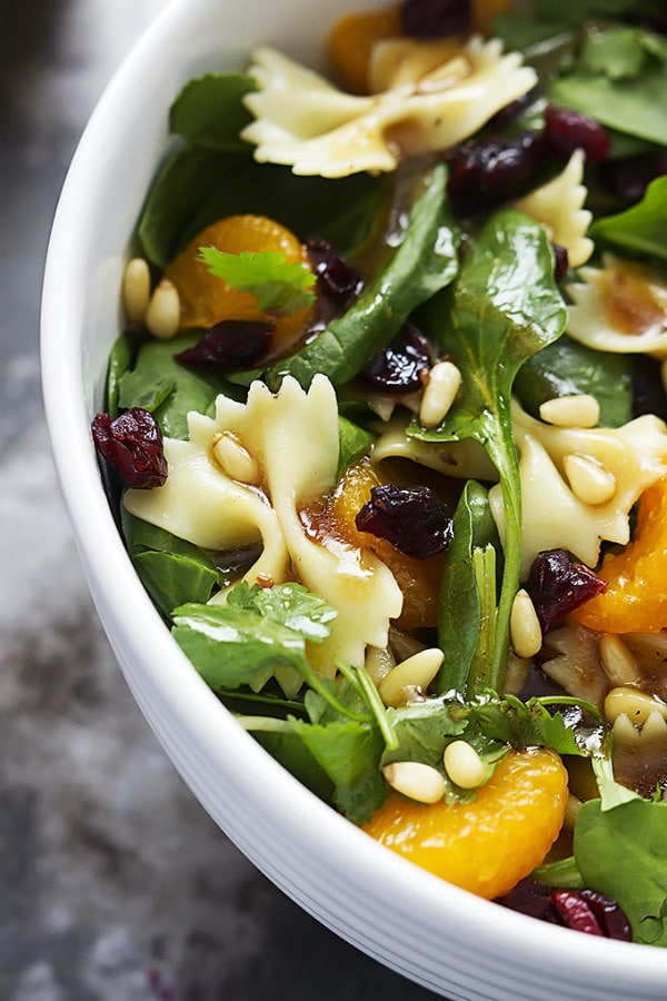 Mandarin Pasta Spinach Salad with Teriyaki Dressing - LeCremeDeLaCrumb.com