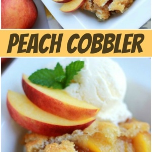 Pinterest collage image for peach cobbler