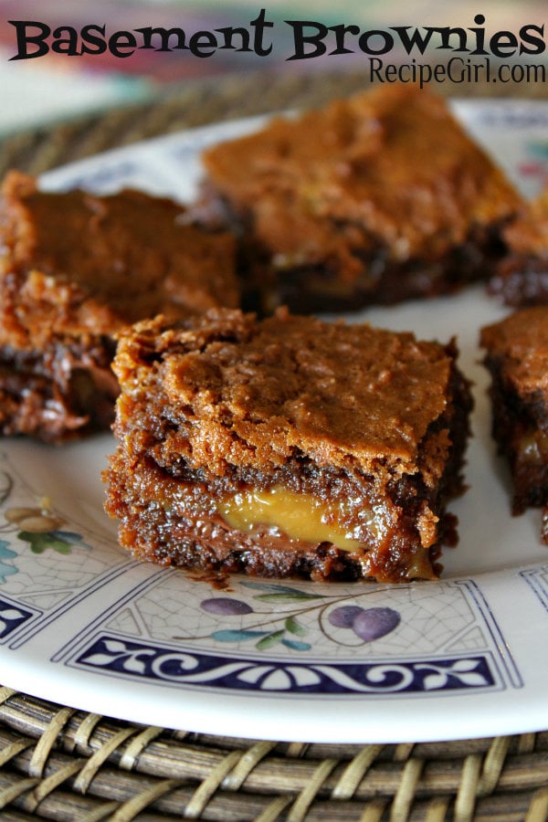 basement brownies on a blue and white patterned plate