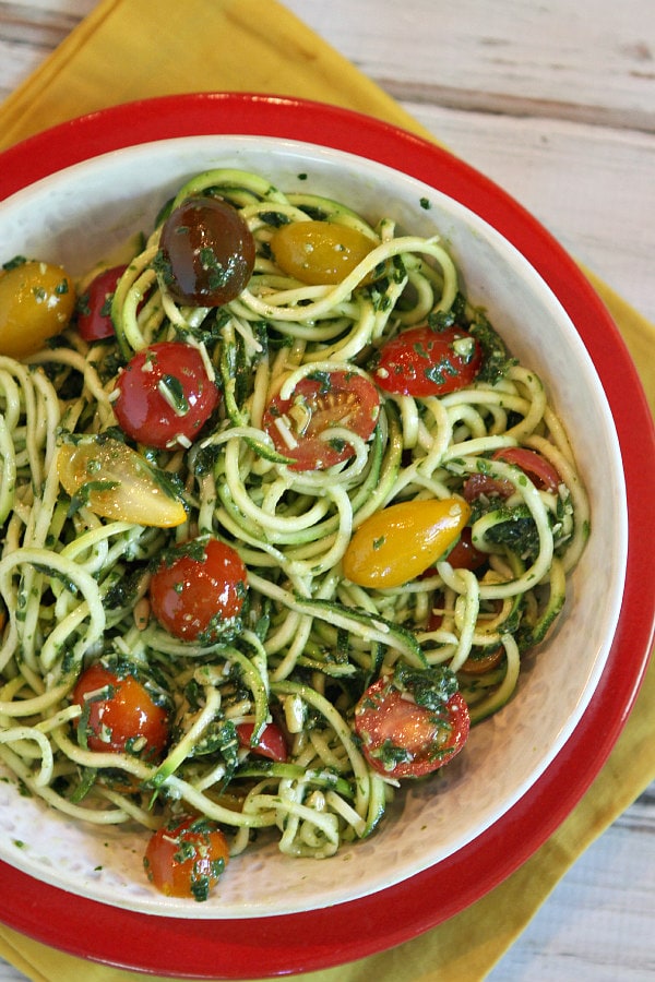 Pesto Spaghetti with Heirloom Grape Tomatoes Recipe from RecipeGirl.com