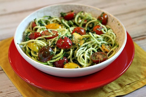 Pesto Spaghetti with Heirloom Grape Tomatoes recipe from RecipeGirl.com